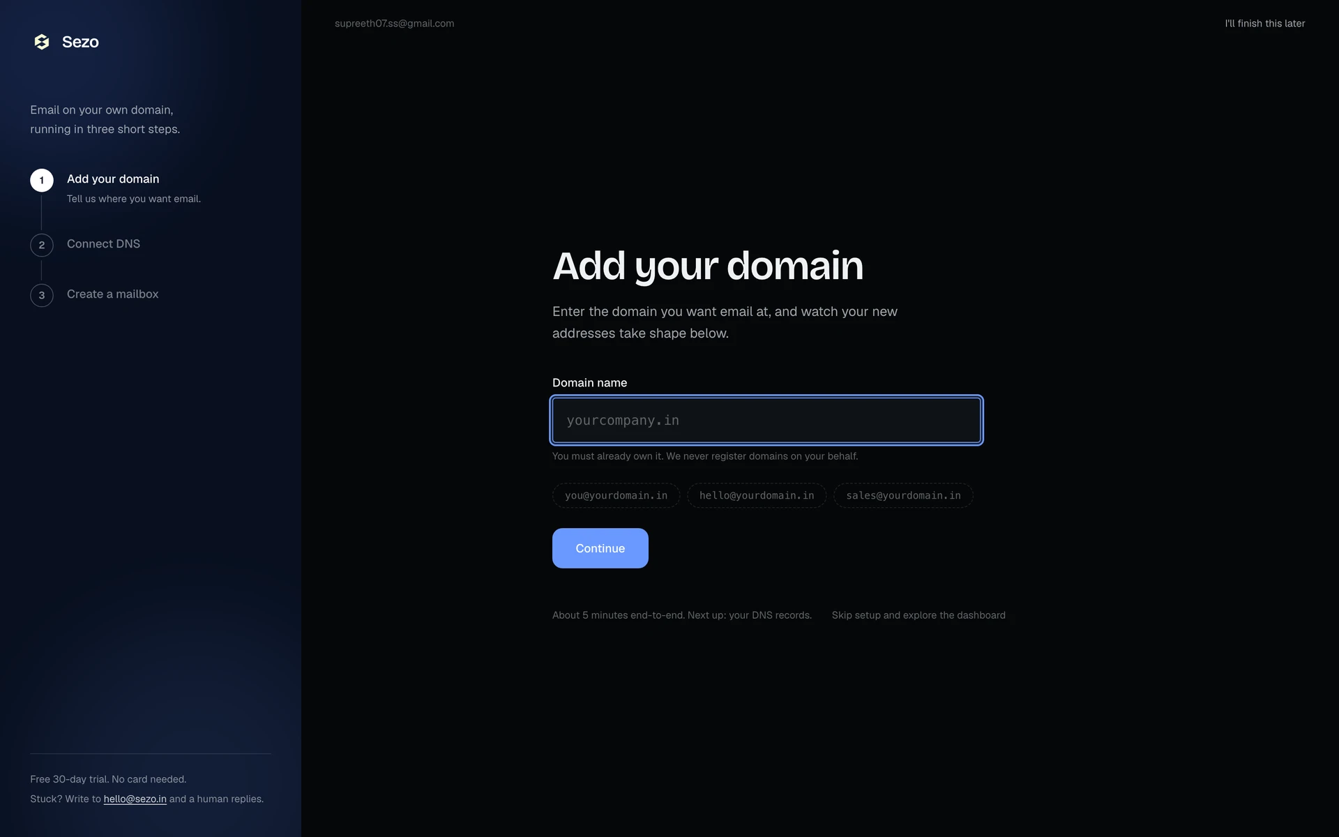 Sezo portal onboarding: add your domain, connect DNS, create a mailbox